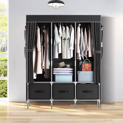 Fabric Canvas Wardrobe With 3 Storage Drawer Large Clothes Storage Cupboard UK • £26.99