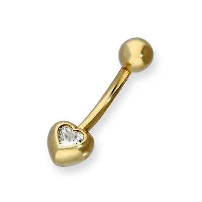 9ct Gold & Clear CZ Crystal Heart Ball End Belly Bar Piercing Tummy • £78