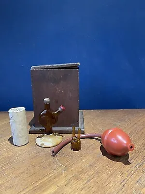 Vintage Medical Equipment Glass Amber Bottle & Pump Original Wooden Treen Case • £20