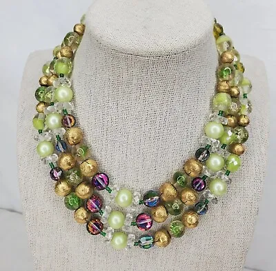 Vtg Green Gold Tone Beaded Plastic Multi Strand Necklace AB Beads Hook Clasp  • $29.75