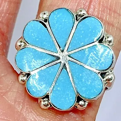 Flower Turquoise Ring Sz 9 Zuni Flush Inlay Sterling Signed Native American • $54.95
