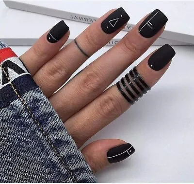 24 Short Square Black Matte Geometric False Nails Press On Full Cover +File Tabs • £4.49