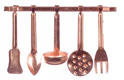 Dollhouse Miniature - 5 Copper Utensils With Hanging Rod - 1:12 Scale • $6.99