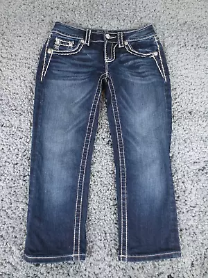 Miss Me Jeans Womens 25 Blue Stretch Blend Denim Cuffed Capri Faded Dark Wash • $26.95