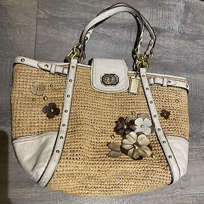 Coach 16763 Floral AppliquÉ Natalie Hampton Shoulder Tote Bag Straw Leather Trim • $36.99