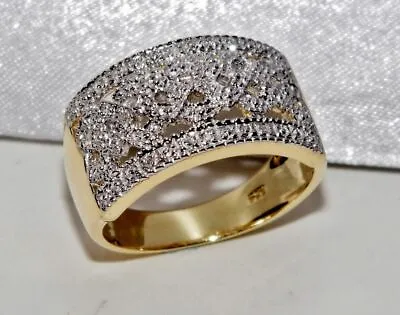 9CT YELLOW GOLD & SILVER DIAMOND LADIES CHUNKY RING ~ Size R • £45