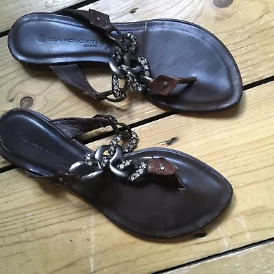 Ladies Flat Sandals Eu 37.5 UK 4.5 Lea Foscati Diamanté Leather • £15
