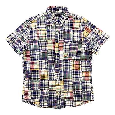 J Crew Shirt Mens Large Patchwork Madras Plaid Slim Fit Colorful Short Sleeve • $17.93