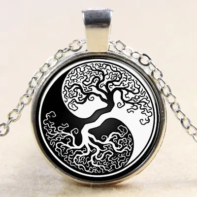 Tree Of Life Yin Yang Glass Dome Cabochon Silver Plated Necklace 18  JP200D • £3.99