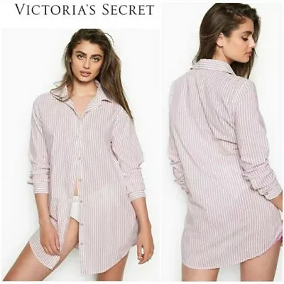 Victorias Secret Cozy Sleep Shirt Pink Stripes Size S Long Sleeve Button Front • $40.99
