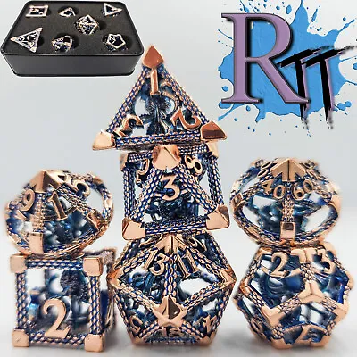 Rose Gold Blue Hollow Metal Dice Set Cthulhu DND Polyhedral Dungeons And Dragons • $29.98