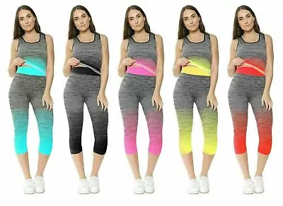  *2 Pcs* Women's Yoga Running Fitness Gym Work Out Leggings 3/4 And Vest Top Set • £7.99