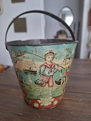 Antique Victorian Seaside Sand Pail Lithograph Tin Bucket  • $50
