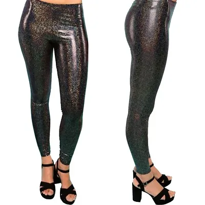SHINY GREY LEGGINGS Women's 8-12 Dancewear Rave Disco Festival Stretch Pants • £10.88