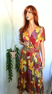 Vintage 1980s UK:14 St Michael Bold Floral Crossover Soft Jersey Summer Dress • £24.99