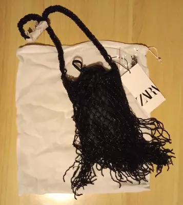 BNWT Zara Women's Black Beaded Fringed Evening Shoulder Bag • £14