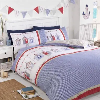 Beach Hut Seaside Checked Duvet Cover Set Quilt Cover Bedding With Pillowcases • £26.99