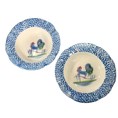 £21.60 • Buy 2 GUSTIN CO Los Angeles Potteries Rooster Blue Spongeware Rim Soup Bowls 8.25  