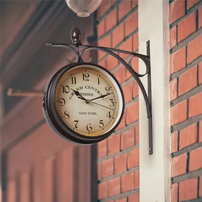 Large Wall Clock Double Sided Train Station Retro Hanging Bracket Outdoor • £13.91