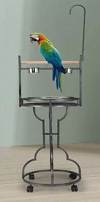 67  Parrot Bird Wood Perch Rolling Play Stand Macaw Stainless Pan Cups Toy Hook • $54.98