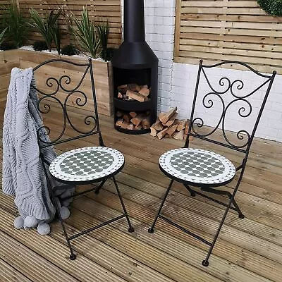 Set Of 2 Outdoor Black Mosaic Metal Bistro Chairs For Garden Patio Balcony • £105.25