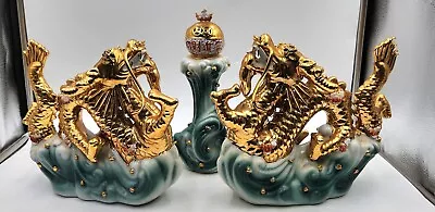 Rare Vtg Set Ceramic Gold Dragon On Teal Water Fengshui Lucky Dragon Figurines  • $150