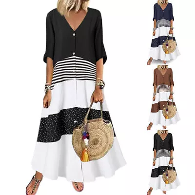 $25.93 • Buy Womens V-Neck Half Sleeve Casual Maxi Long Dress Button Loose Sundress Holiday