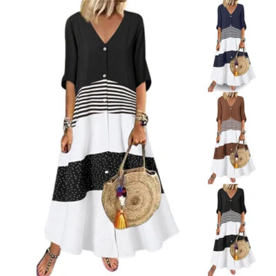 $25.93 • Buy Womens V-Neck Half Sleeve Casual Maxi Long Dress Button Loose Sundress Holiday
