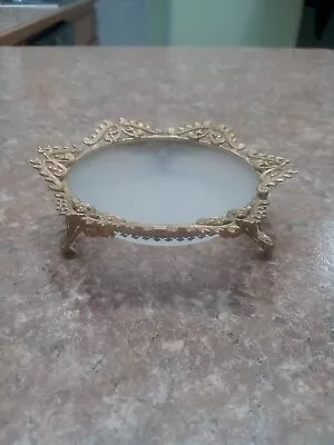 Vintage Trinket Frosted Glass Vanity Dish Gold Tone Filigree Trim 5  Round • $14.95