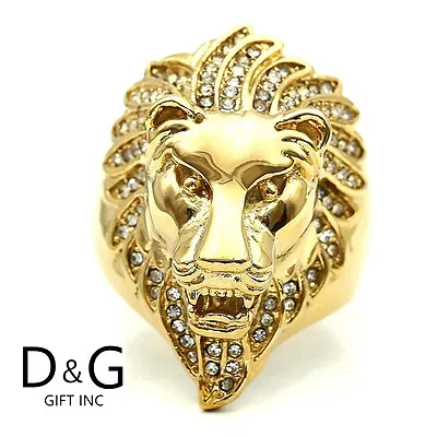 DG Men's Stainless SteelCZ Icy Bling RingLION.Head.8-13 Gold Plated*Box • $16.99