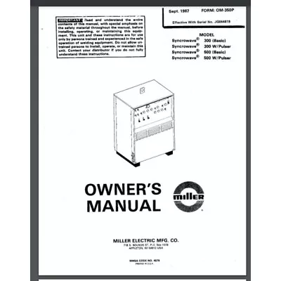 Miller Syncrowave 300 500 AC/DC Welder Service Parts Manual 60 Pg Comb Bound • $19.99