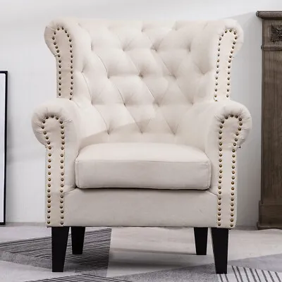 Chesterfield Wing Chair HighBack Velvet Fabric Tub Sofa Fireside Armchair Lounge • £199.95