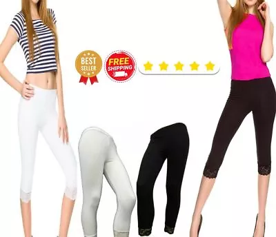 New WOMEN LADIES CAPRI SOFT 3/4 CROPPED LACE TRIM LEGGINGS STRETCHY COMFY PANTS • £5.98