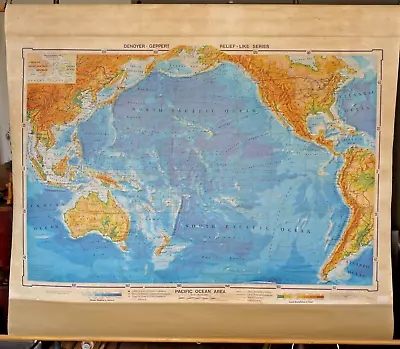 PACIFIC OCEAN AREA -LIKE MAP - HUGE VINTAGE PULL DOWN SCHOOL MAP - 1960s • $150