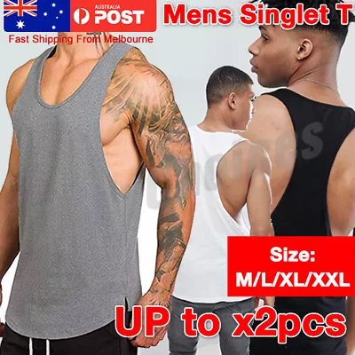 Mens Gym Singlet T Back Vest Tank Top Racer Y Back Bodybuilding Cotton Man Men • $8.89