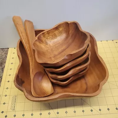 Monkey Pod Wood Bowl Salad Set With 4 Serving Bowls Spoon And Fork Hand Crafted • $22