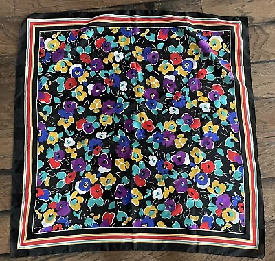 $14 • Buy Vintage Silk Flower Scarf Large Square Silk (?)  Vibrant Multi Color 30” READ