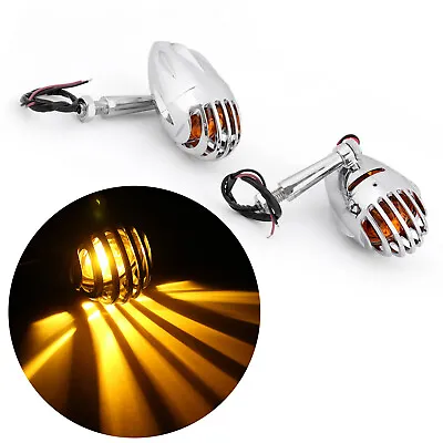 2pcs Motorcycle Turn Signals Grill Bullet Amber Indicator Lights Lamp Chrome F2 • £16.75