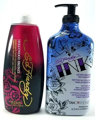 Ed Hardy HOLLYWOOD BRONZE Bronzer Tanning 10oz+ INK MOISTURIZER 18.75oz Gift Set • $30