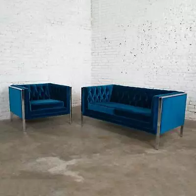 MCM Royal Blue Velvet & Chrome Cube Loveseat & Chair After Milo Baughman • $7995