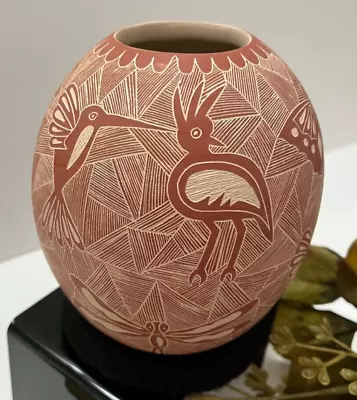 Mata Ortiz Pottery Aracely Ledezma Birds Lizard Etched Flamingo Folk Art Mexico • $120