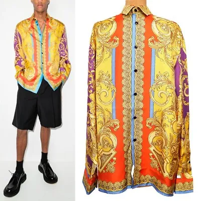 52 XL NEW $1575 VERSACE Men's Yellow BAROCCO GODDESS BAROQUE Silk Twill SHIRT • $995