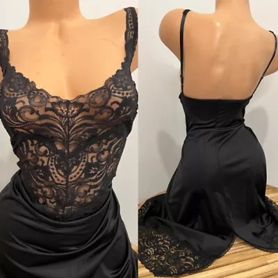 VINTAGE SLIP DRESS LINGERIE SILKY BLACK By VANITY FAIR LOTS OF LACE Sz 42 • $10.50