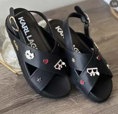 KARL LAGERFELD Women Leather With Logo Charm Black Sandals Size 7 • $71.99