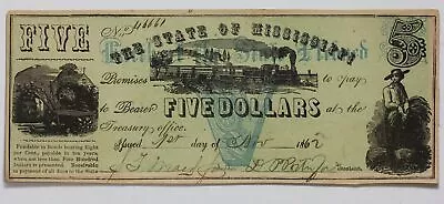 1862 State Of Mississippi $5 Obsolete Currency Note CR-41 1O9U • $200