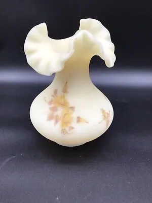 Vintage Fenton Ruffled Edge Custard Satin Glass Vase Hand Painted 7 1/4  • $44