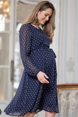 £20 • Buy Seraphine Maternity Midi Dress Size 18 - Navy Polka Dot. Worn Once!