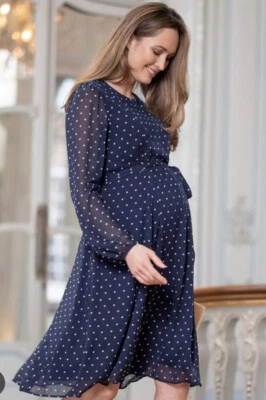£20 • Buy Seraphine Maternity Midi Dress Size 18 - Navy Polka Dot. Worn Once!
