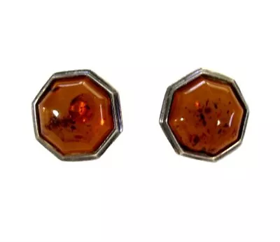 Vintage Baltic Amber & Silver Metal Octagon Shape Post Earrings • $28