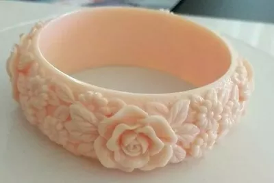 Vintage Estate Art Deco Carved Pink Bakelite Bangle • $150